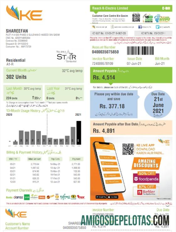 Em branco PAQUISTÃO K ELECTRIC LIMITED Modelo Word e PDF de conta de serviços públicos